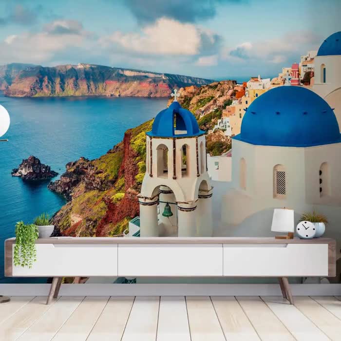 サントリーニ島の眺めをイメージした壁画：青と白の地中海風インテリア